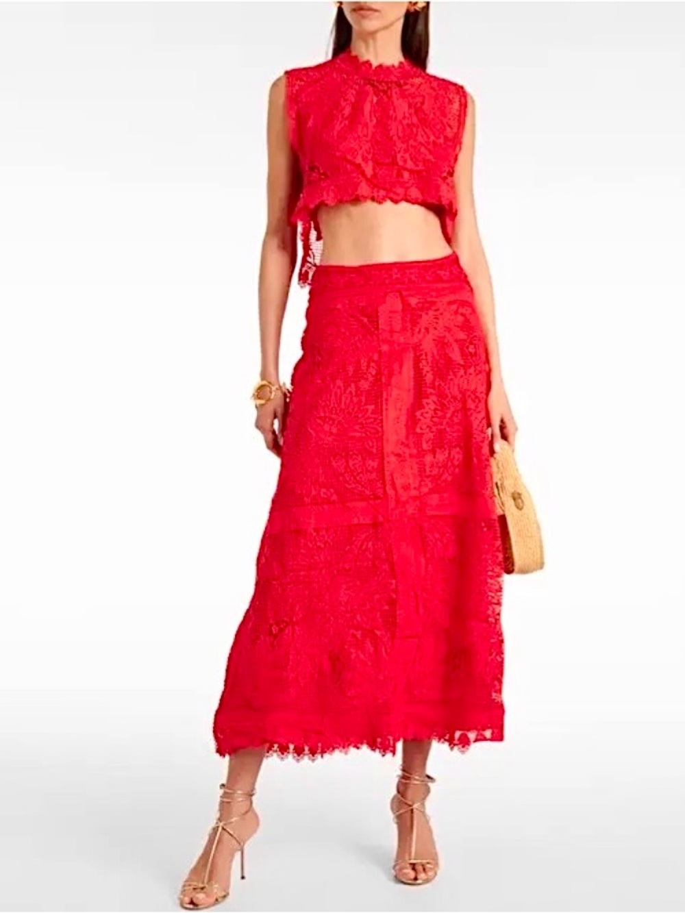 New FARM Rio Toucan Guipure Crochet Red Lace Midi Skirt Medium Cocktail Party - Picture 3 of 16